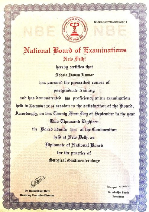 Diplomate of National Board certificate in Surgical Gastroenterology awarded to Dr. Addala Pavan Kumar by the National Board of Examinations, New Delhi