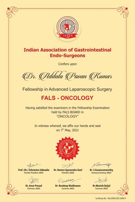 FALS Oncology fellowship certificate in Advanced Laparoscopic Surgery conferred on Dr. Addala Pavan Kumar by the Indian Association of Gastrointestinal Endo-Surgeons, 2021