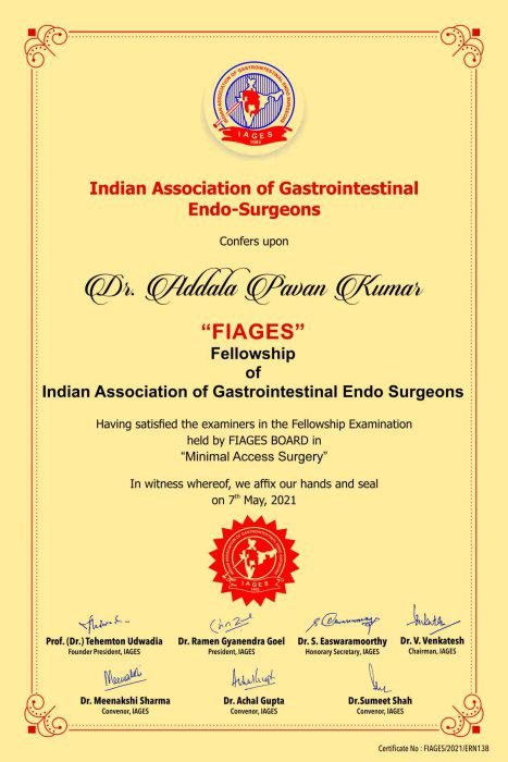 FIAGES fellowship certificate in Minimal Access Surgery conferred on Dr. Addala Pavan Kumar by the Indian Association of Gastrointestinal Endo-Surgeons, 2021