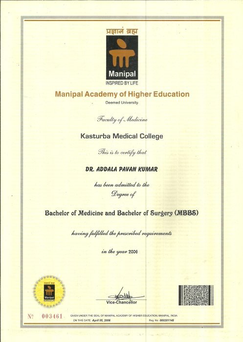 MBBS degree certificate awarded to Dr. Addala Pavan Kumar by Manipal Academy of Higher Education, 2006